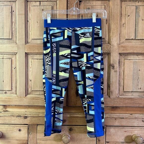 Adidas Small‎ Tech Fit Blue Colorful Cropped Athletic Leggings - Picture 1 of 8